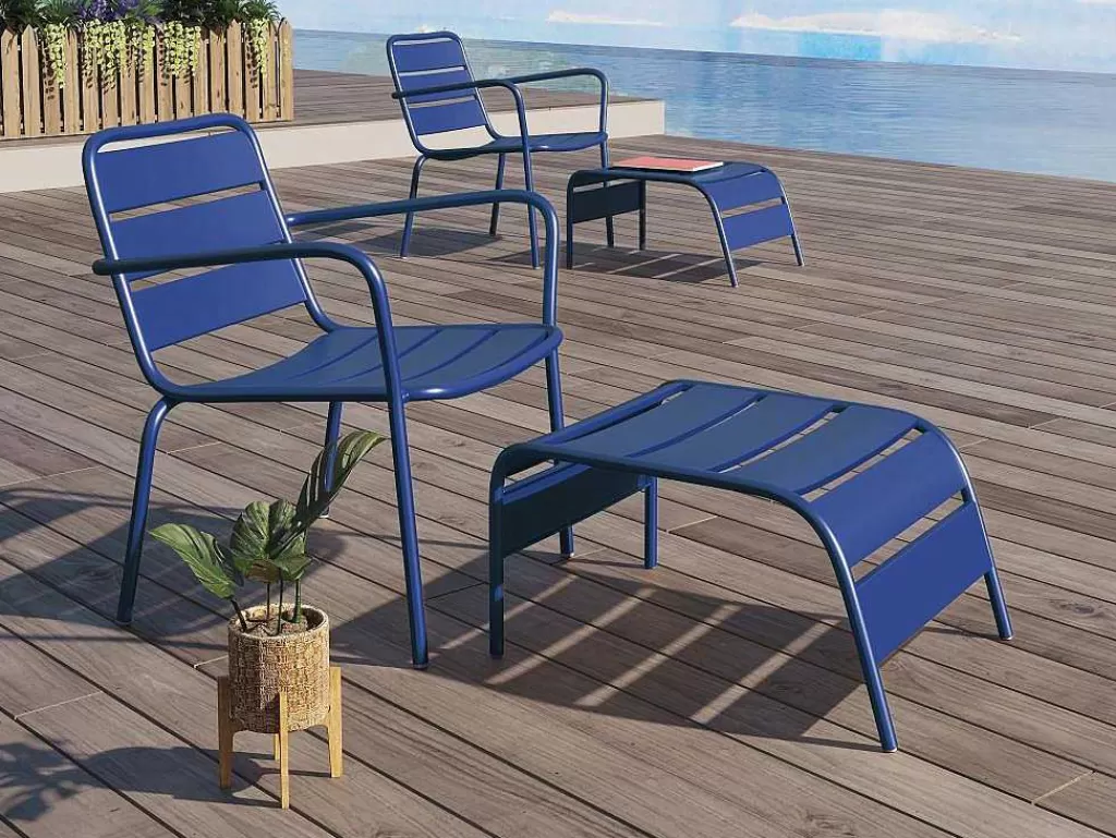 Conjunto Relax De Jardim*MYLIA Cadeirão Baixo De Jardim Empilhavel + Apoio De Pés Em Metal Azul-Escuro - Mirmande