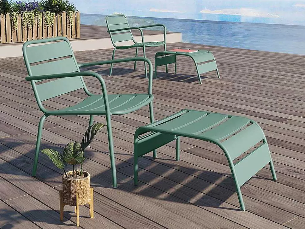 Conjunto Relax De Jardim*MYLIA Cadeirão Baixo De Jardim Empilhavel + Apoio De Pés Em Metal Cor Verde Amendoa - Mirmande