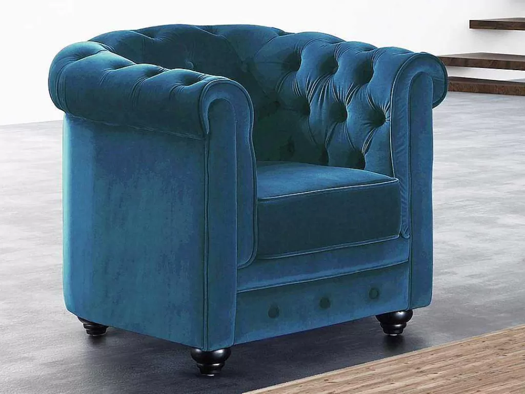 Poltrona Em Veludo*Vente-unique Cadeirão Chesterfield - Veludo Azul Esverdeado