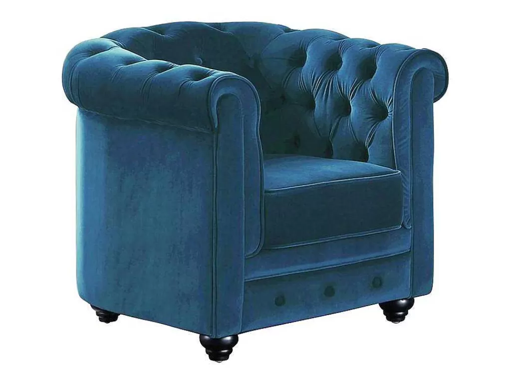 Poltrona Em Veludo*Vente-unique Cadeirão Chesterfield - Veludo Azul Esverdeado