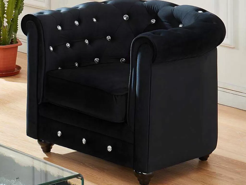 Poltrona Em Veludo*Vente-unique Cadeirão Chesterfield - Veludo Preto E Botoes Efeito Cristal