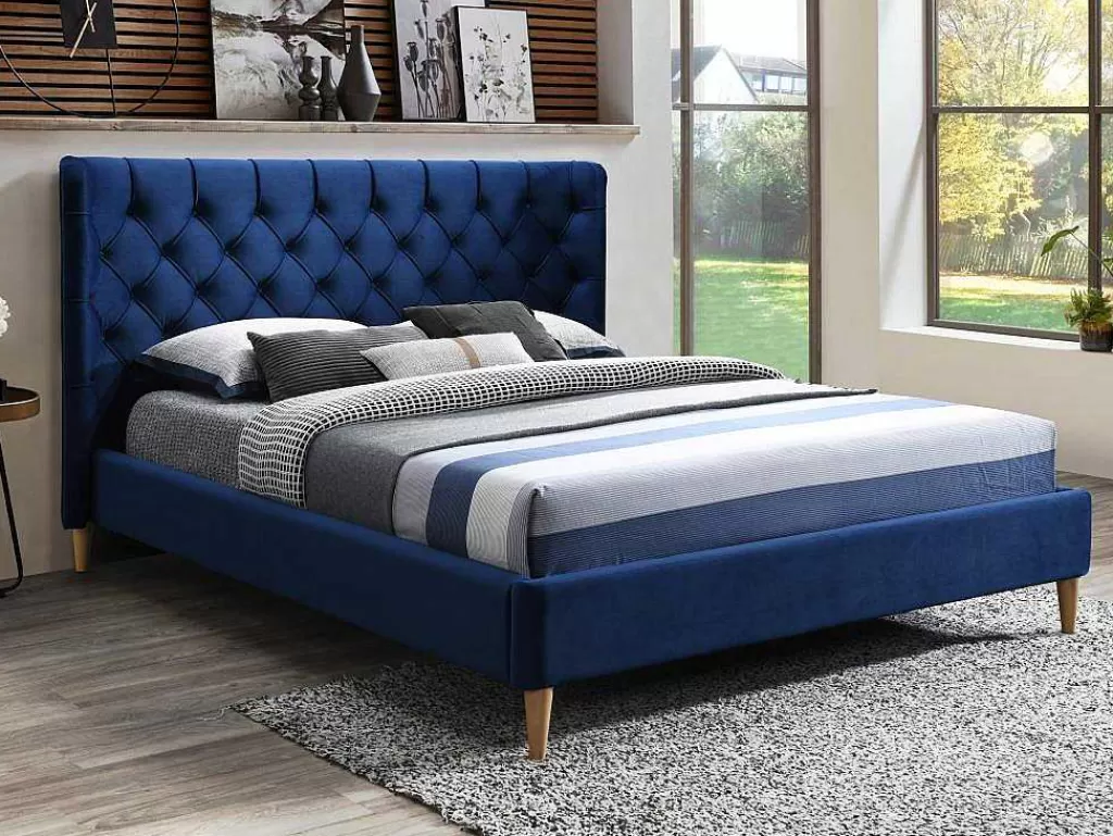 Cama Em Veludo*Vente-unique Cama 140 X 190 Cm Com Cabeceira De Cama Acolchoada Veludo Azul Real + Colchão - Enodi