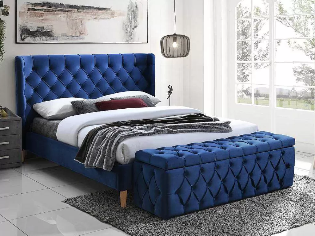 Cama Em Veludo*Vente-unique Cama 140 X 190 Cm Com Cabeceira De Cama Acolchoada Veludo Azul Real + Colchão - Enodi