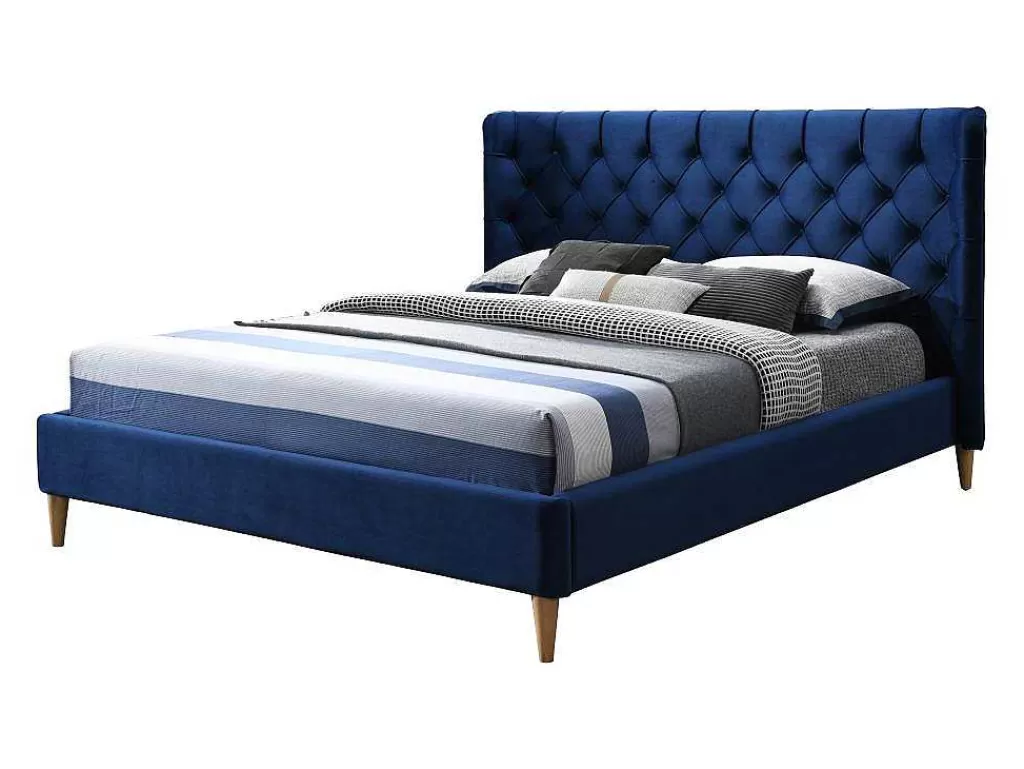 Cama Em Veludo*Vente-unique Cama 140 X 190 Cm Com Cabeceira De Cama Acolchoada Veludo Azul Real + Colchão - Enodi