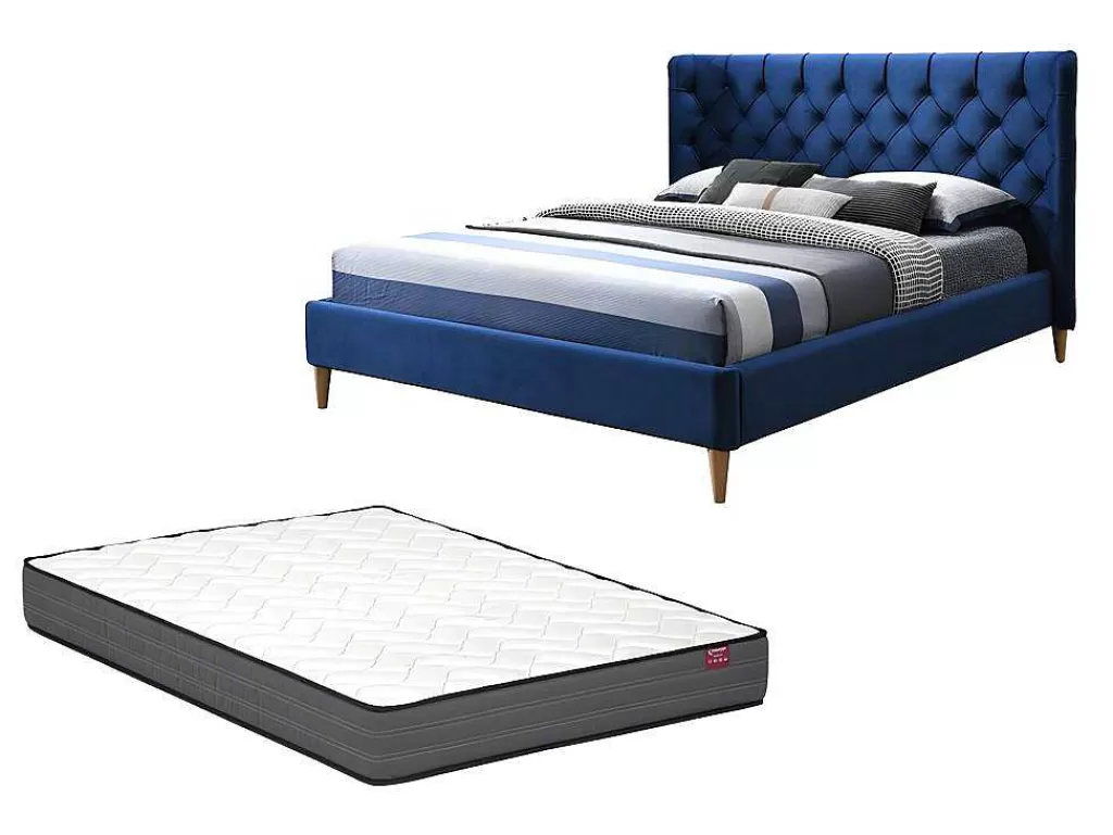 Cama Em Veludo*Vente-unique Cama 140 X 190 Cm Com Cabeceira De Cama Acolchoada Veludo Azul Real + Colchão - Enodi
