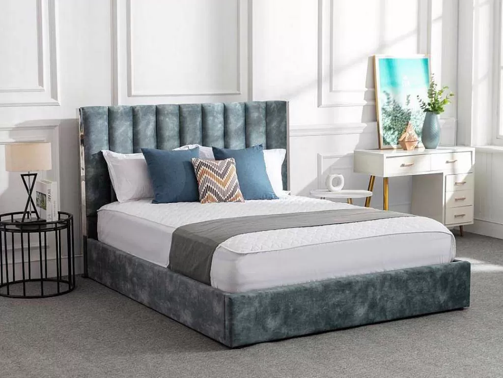 Cama Em Veludo*Vente-unique Cama 140 X 190 Cm Com Cabeceira De Cama Costuras Verticais Veludo Azul-Esverdeado + Colchão - Feroya