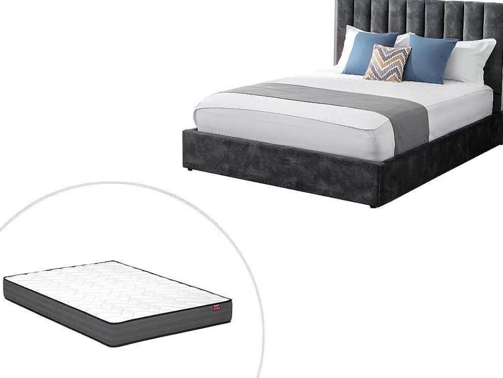 Cama Em Veludo*Vente-unique Cama 160 X 200 Cm Com Cabeceira De Cama Costuras Verticais Veludo Antracite + Colchão - Feroya