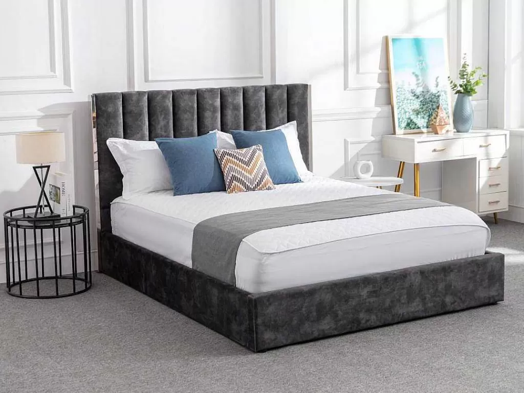 Cama Em Veludo*Vente-unique Cama 160 X 200 Cm Com Cabeceira De Cama Costuras Verticais Veludo Antracite - Feroya