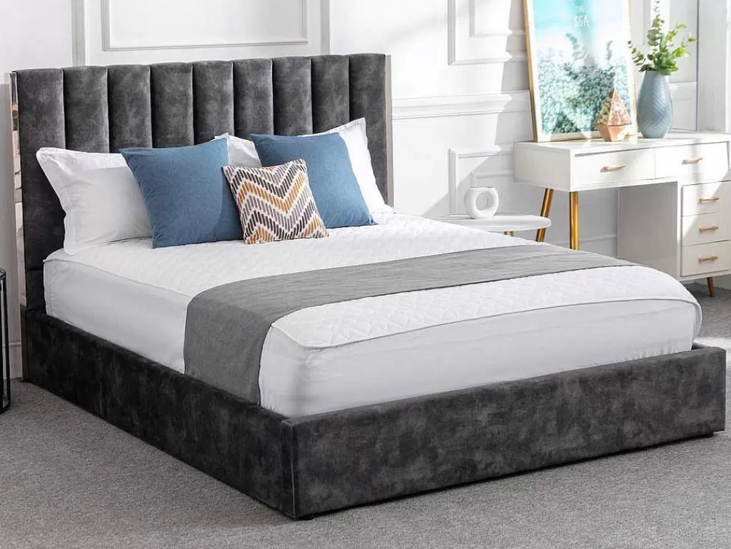 Cama Em Veludo*Vente-unique Cama 160 X 200 Cm Com Cabeceira De Cama Costuras Verticais Veludo Antracite - Feroya