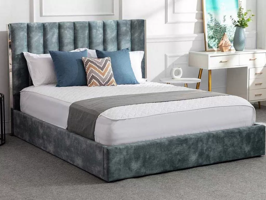 Cama Em Veludo*Vente-unique Cama 160 X 200 Cm Com Cabeceira De Cama Costuras Verticais Veludo Azul-Esverdeado + Colchão - Feroya
