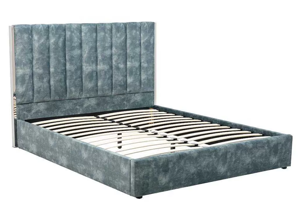 Cama Em Veludo*Vente-unique Cama 160 X 200 Cm Com Cabeceira De Cama Costuras Verticais Veludo Azul-Esverdeado + Colchão - Feroya