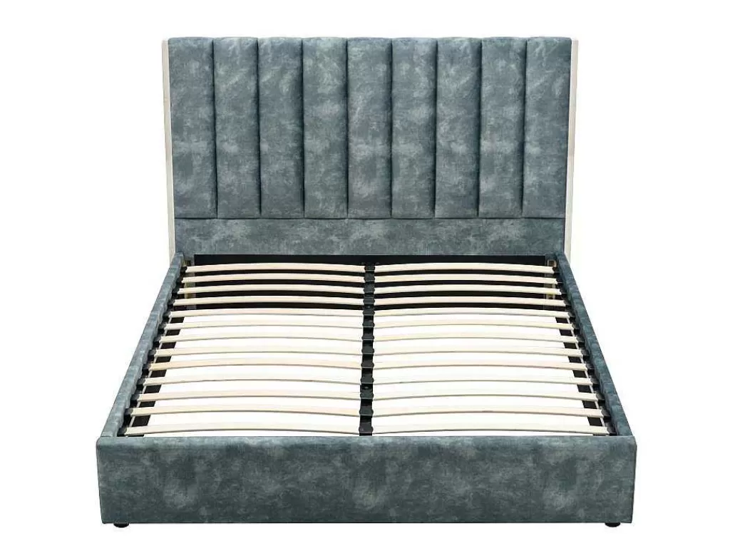 Cama Em Veludo*Vente-unique Cama 160 X 200 Cm Com Cabeceira De Cama Costuras Verticais Veludo Azul-Esverdeado + Colchão - Feroya