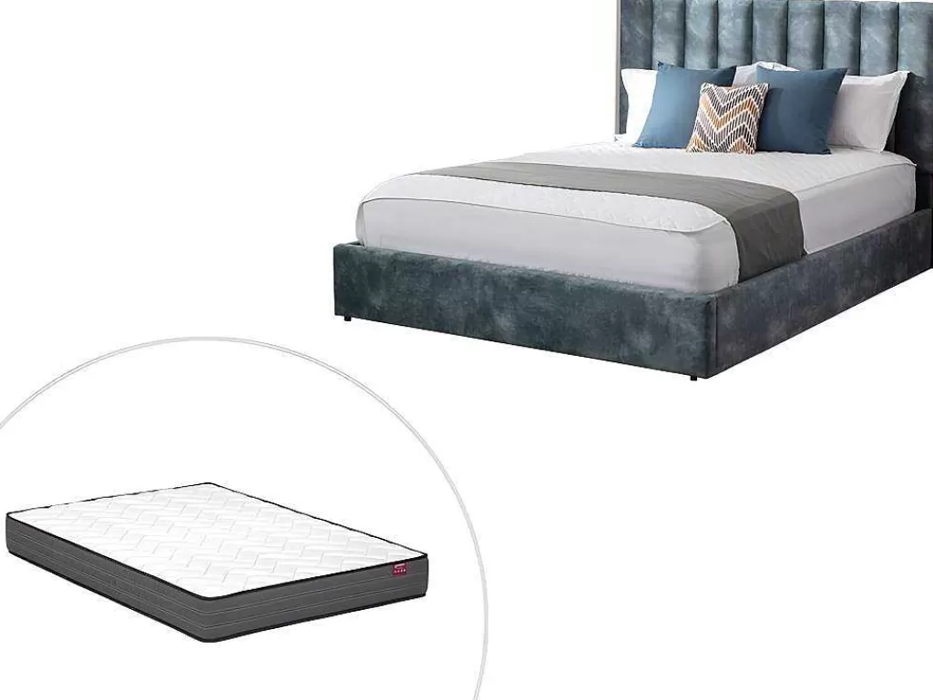 Cama Em Veludo*Vente-unique Cama 160 X 200 Cm Com Cabeceira De Cama Costuras Verticais Veludo Azul-Esverdeado + Colchão - Feroya