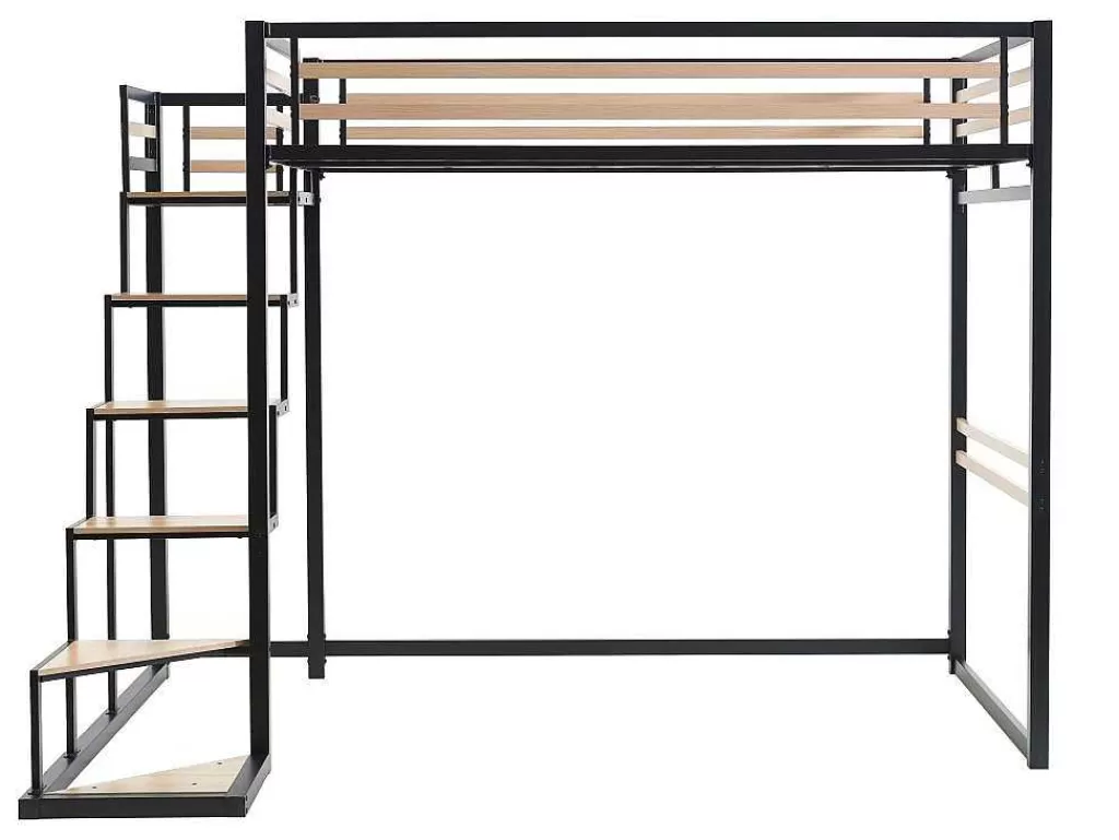Cama De Criança*Vente-unique Cama Alta 140 X 200 Cm Metal E Mdf Preto E Natural - Jogui