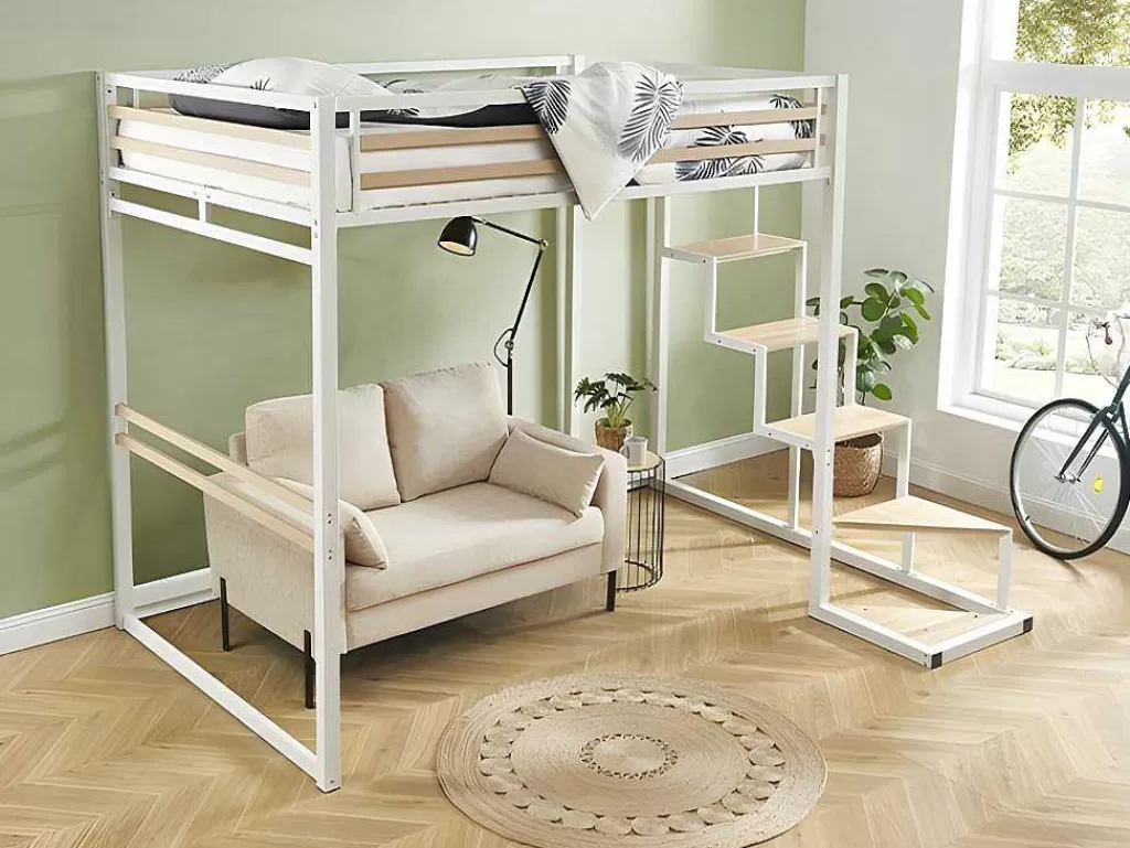 Cama Alta*Vente-unique Cama Alta 140X200 Cm Metal E Mdf Branco + Colchão - Jogui