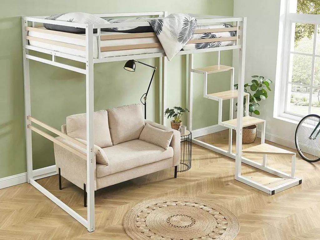 Cama Alta*Vente-unique Cama Alta 140X200 Cm Metal E Mdf Branco + Colchão - Jogui