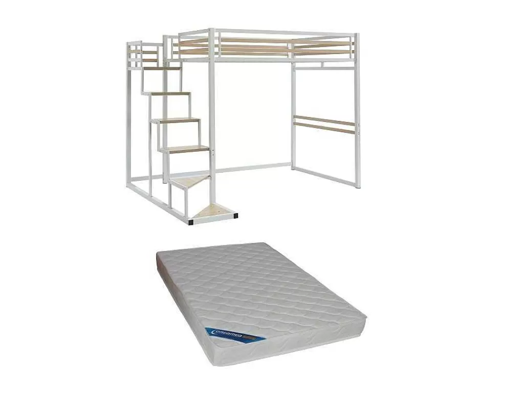Cama Alta*Vente-unique Cama Alta 140X200 Cm Metal E Mdf Branco + Colchão - Jogui