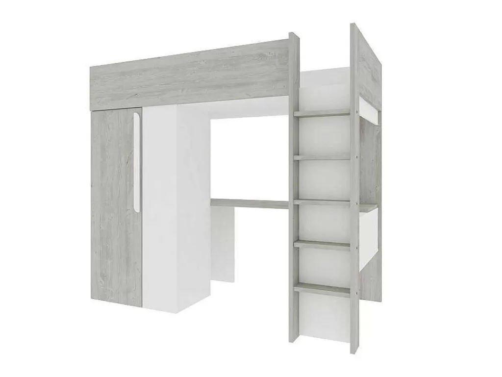 Cama Alta*Vente-unique Cama Alta 90X200 Cm Com Roupeiro E Secretária Cinza Natural E Branco + Colchão - Nicolas