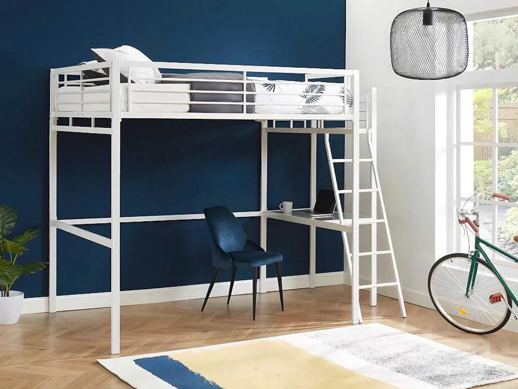Cama Alta*Vente-unique Cama Alta Casual Ii - 140 X 190 Cm - Tampo De Secretária - Branco