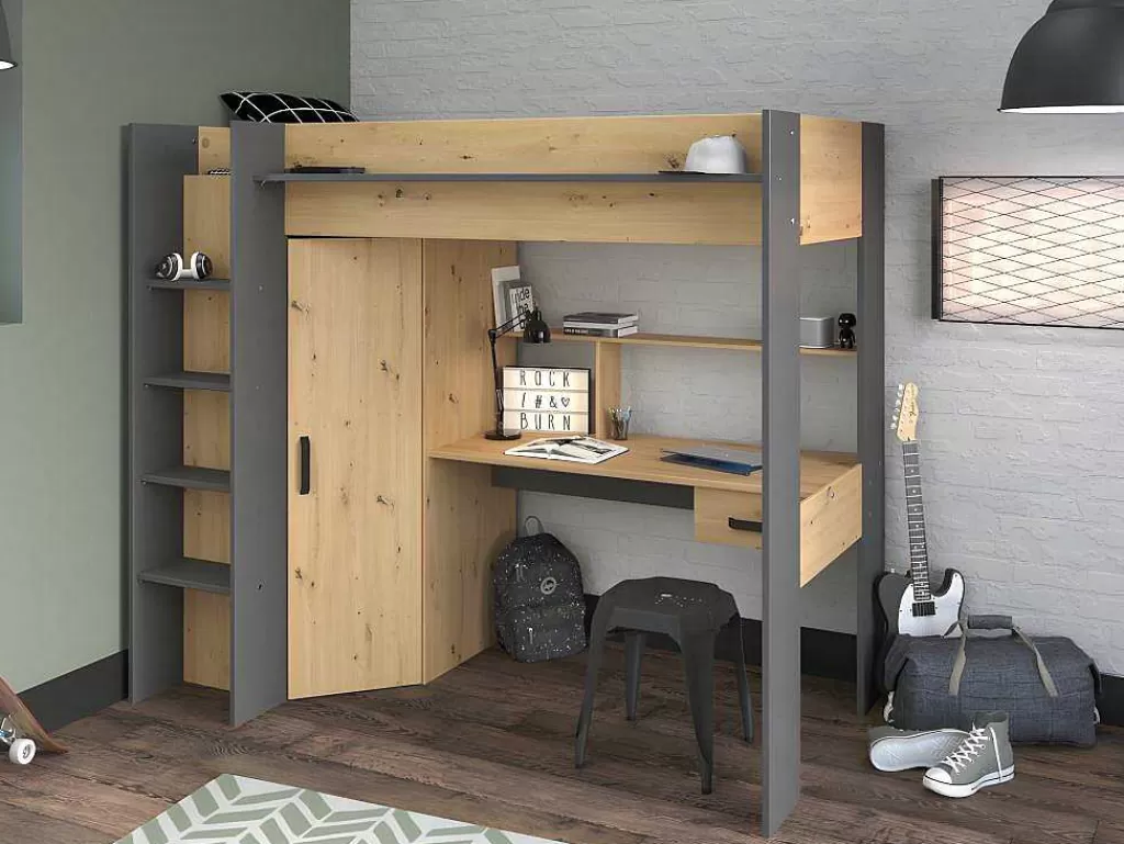 Cama Alta*Vente-unique Cama Alta Com Secretária E Armário De 90 X 200 Cm Cor Carvalho E Antracite + Colchão - Auckland