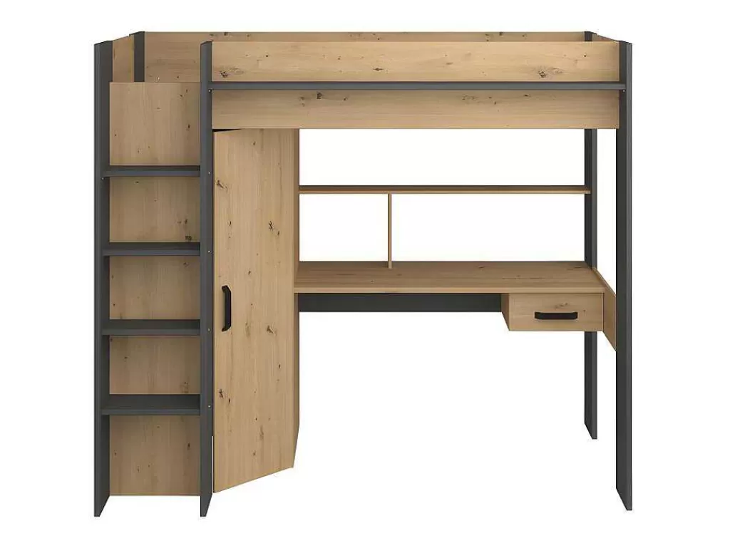 Cama Alta*Vente-unique Cama Alta Com Secretária E Armário De 90 X 200 Cm Cor Carvalho E Antracite + Colchão - Auckland