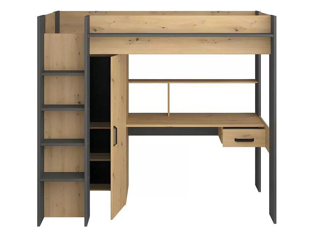 Cama Alta*Vente-unique Cama Alta Com Secretária E Armário De 90 X 200 Cm Cor Carvalho E Antracite + Colchão - Auckland