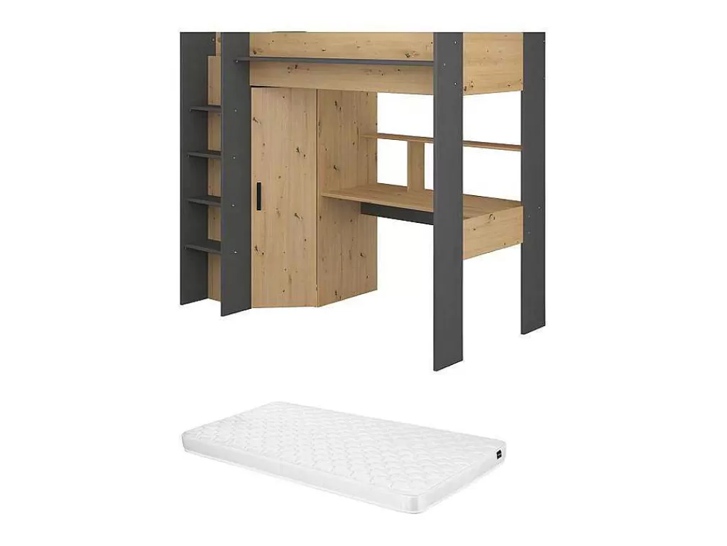 Cama Alta*Vente-unique Cama Alta Com Secretária E Armário De 90 X 200 Cm Cor Carvalho E Antracite + Colchão - Auckland