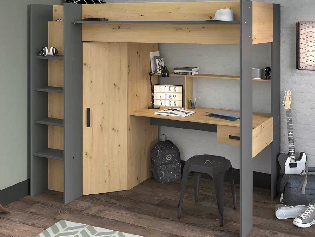 Cama Alta*Vente-unique Cama Alta Com Secretária E Armário De 90 X 200 Cm Cor Carvalho E Antracite + Colchão - Auckland