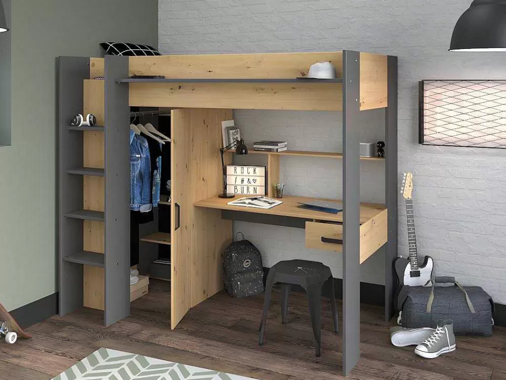 Cama Alta*Vente-unique Cama Alta Com Secretária E Armário De 90 X 200 Cm Cor Carvalho E Antracite + Colchão - Auckland