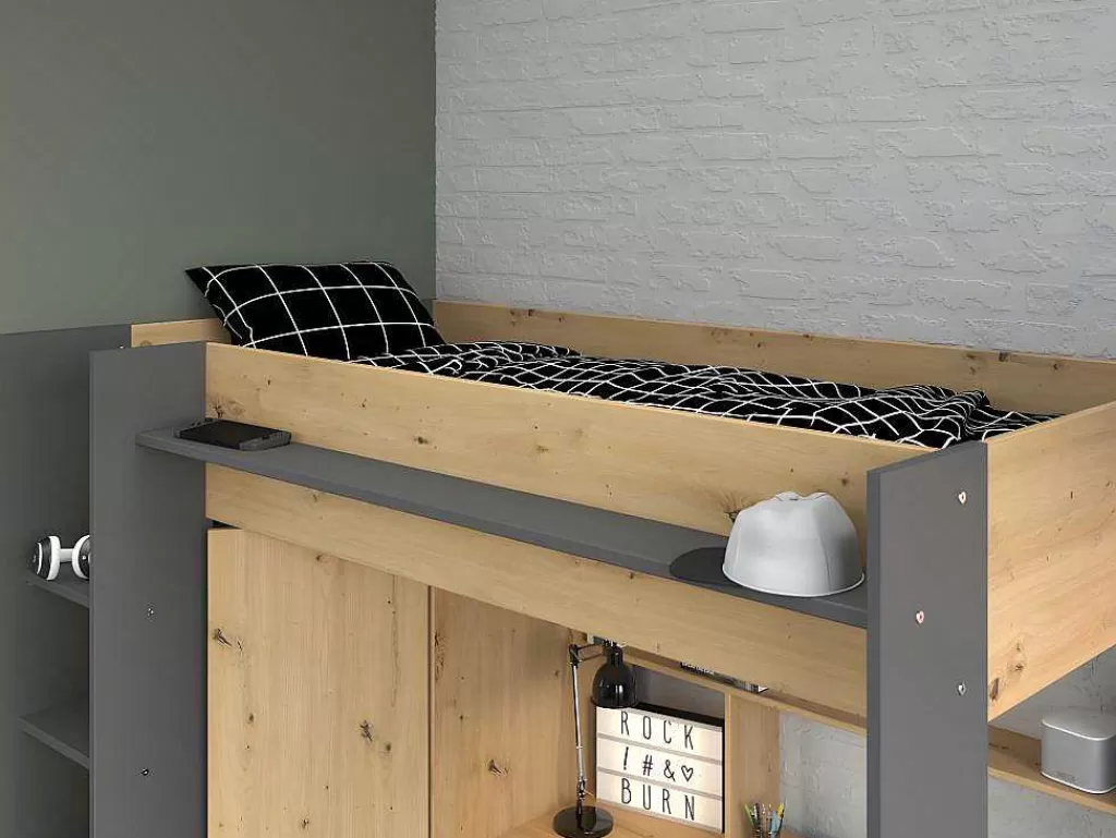 Cama Alta*Vente-unique Cama Alta Com Secretária E Armário De 90 X 200 Cm Cor Carvalho E Antracite + Colchão - Auckland