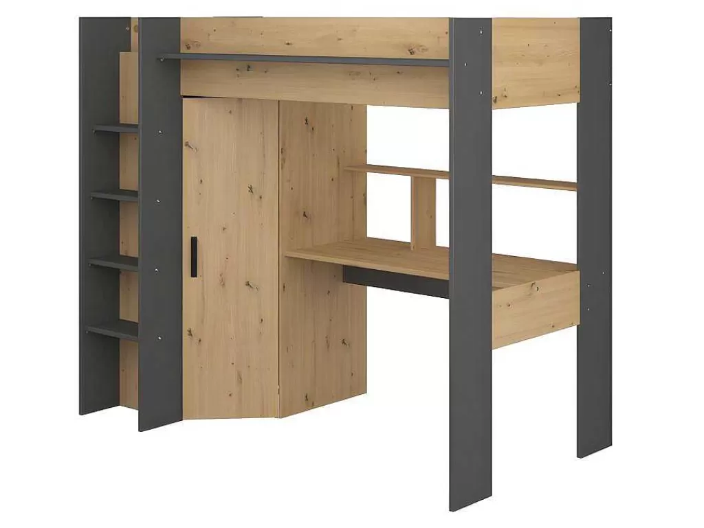 Cama Alta*Vente-unique Cama Alta Com Secretária E Armário De 90 X 200 Cm Cor Carvalho E Antracite + Colchão - Auckland