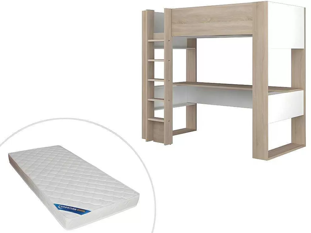 Cama Alta*Vente-unique Cama Alta Com Secretária E Espacos De Arrumação Integrados 90 X 200 Cm Carvalho E Branco + Colchão - Noah Ii