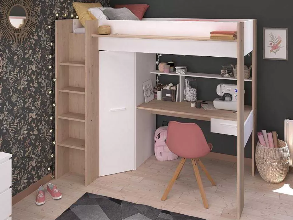 Cama Alta*Vente-unique Cama Alta Com Secretária E Guarda-Roupa 90 X 200 Cm Cor Branco E Natural + Colchão - Auckland