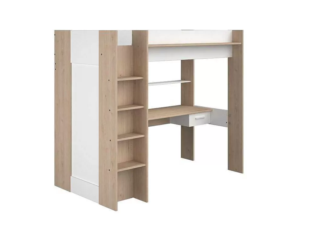 Cama Alta*Vente-unique Cama Alta Com Secretária E Guarda-Roupa 90 X 200 Cm Cor Branco E Natural + Colchão - Auckland