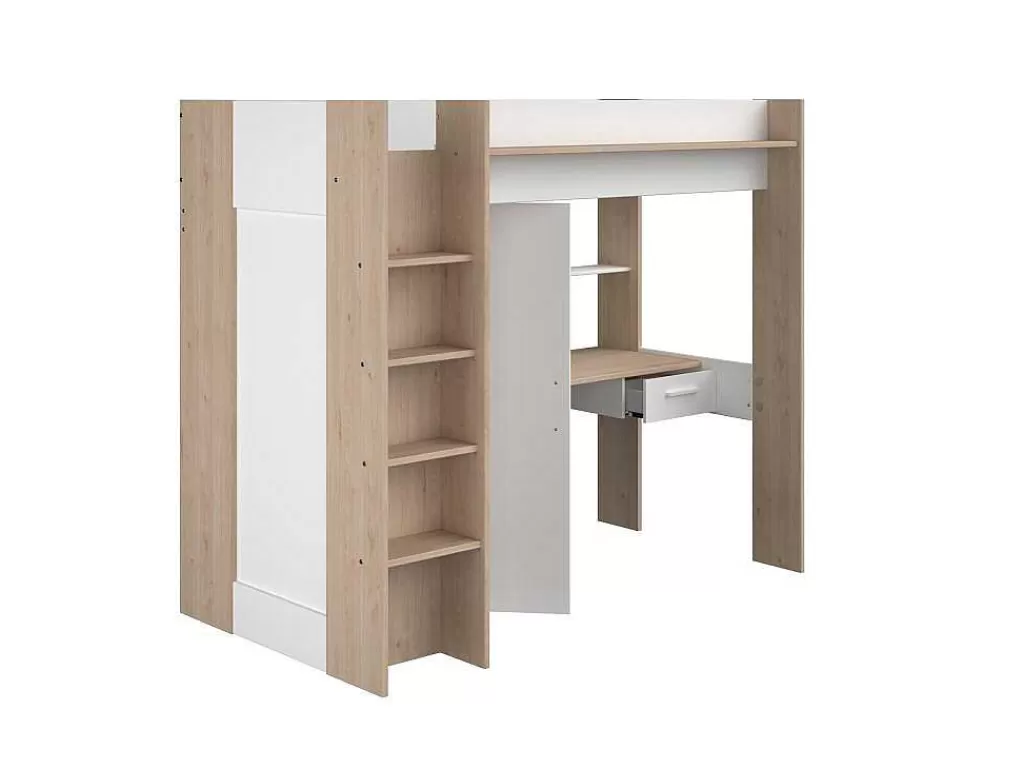 Cama Alta*Vente-unique Cama Alta Com Secretária E Guarda-Roupa 90 X 200 Cm Cor Branco E Natural + Colchão - Auckland