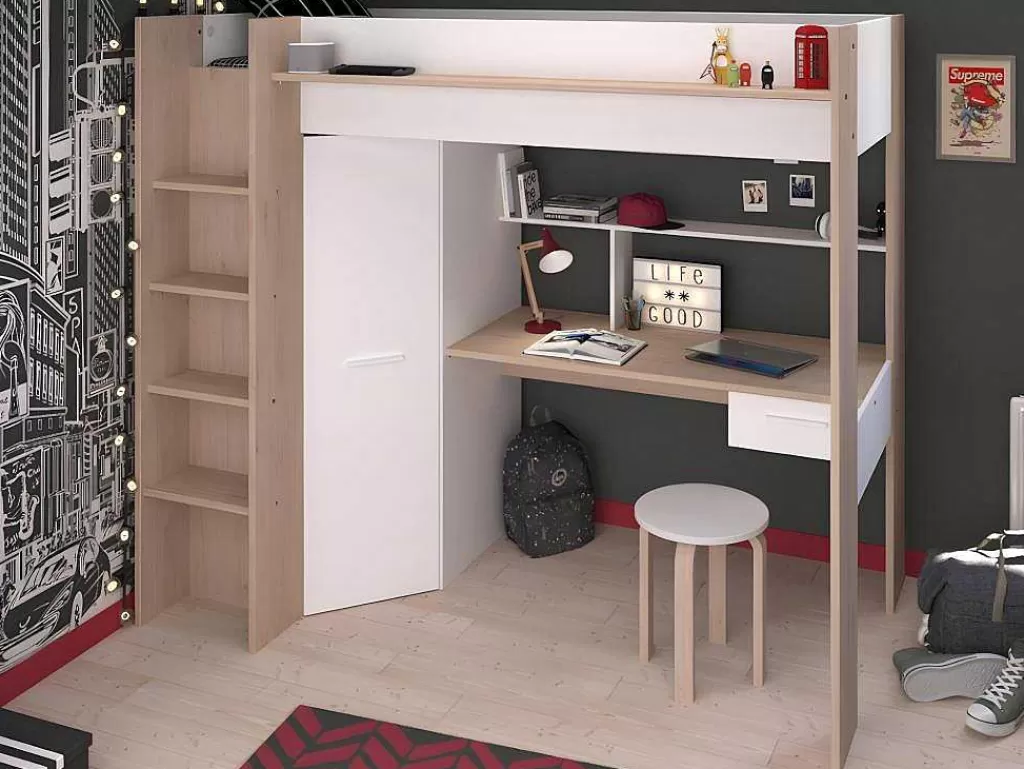 Cama Alta*Vente-unique Cama Alta Com Secretária E Guarda-Roupa 90 X 200 Cm Cor Branco E Natural + Colchão - Auckland