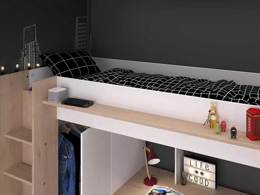 Cama Alta*Vente-unique Cama Alta Com Secretária E Guarda-Roupa 90 X 200 Cm Cor Branco E Natural + Colchão - Auckland