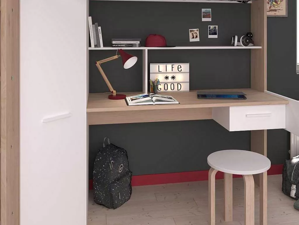 Cama Alta*Vente-unique Cama Alta Com Secretária E Guarda-Roupa 90 X 200 Cm Cor Branco E Natural + Colchão - Auckland