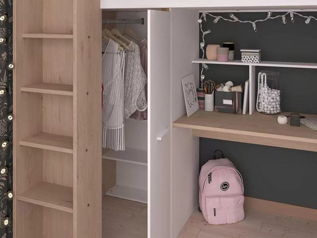 Cama Alta*Vente-unique Cama Alta Com Secretária E Guarda-Roupa 90 X 200 Cm Cor Branco E Natural + Colchão - Auckland