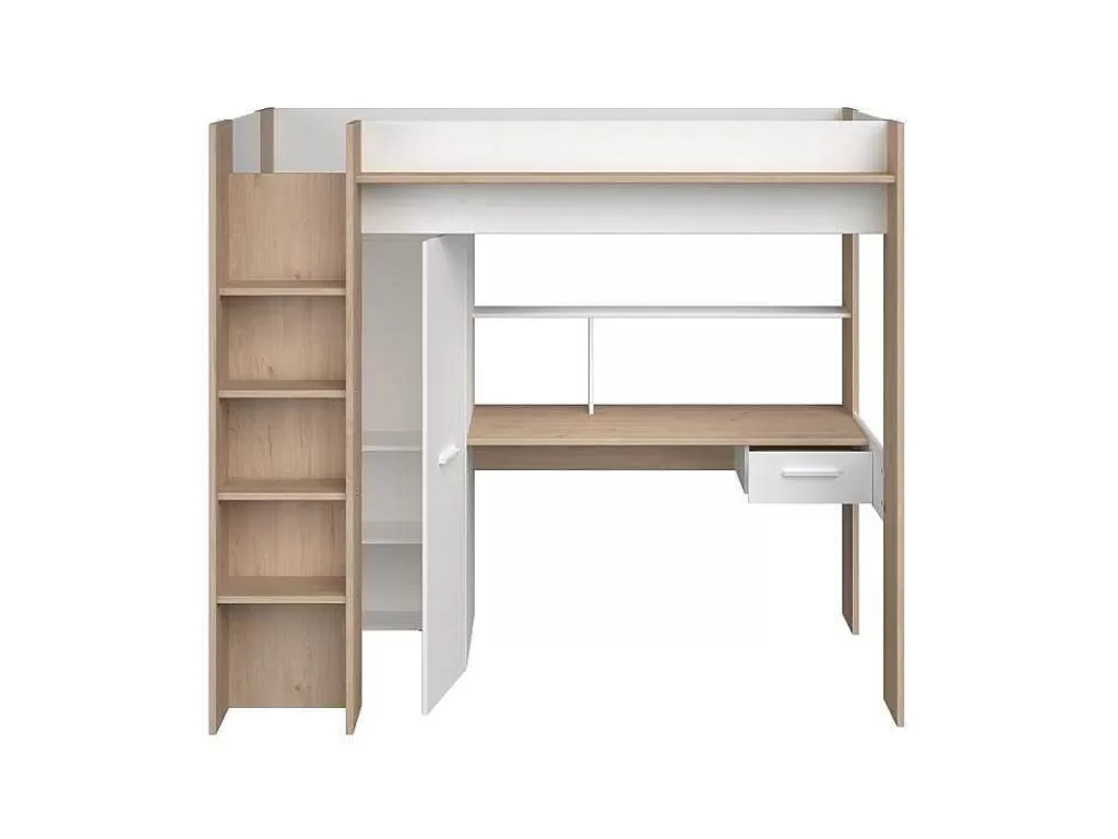 Cama Alta*Vente-unique Cama Alta Com Secretária E Guarda-Roupa 90 X 200 Cm Cor Branco E Natural + Colchão - Auckland
