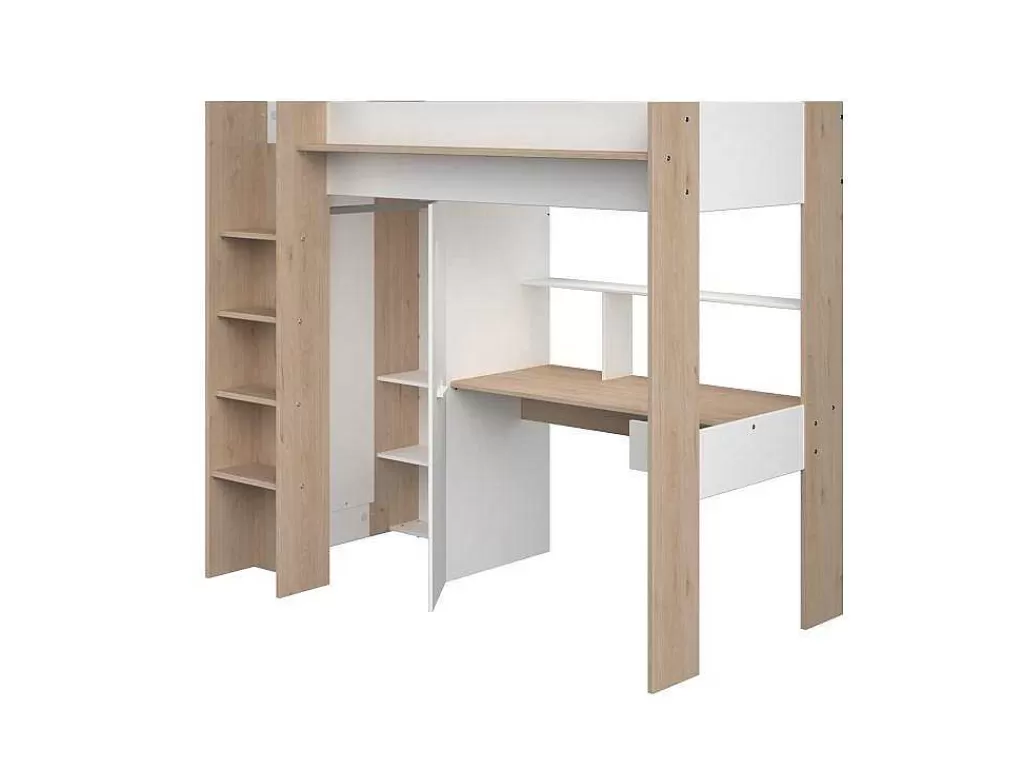 Cama Alta*Vente-unique Cama Alta Com Secretária E Guarda-Roupa 90 X 200 Cm Cor Branco E Natural + Colchão - Auckland