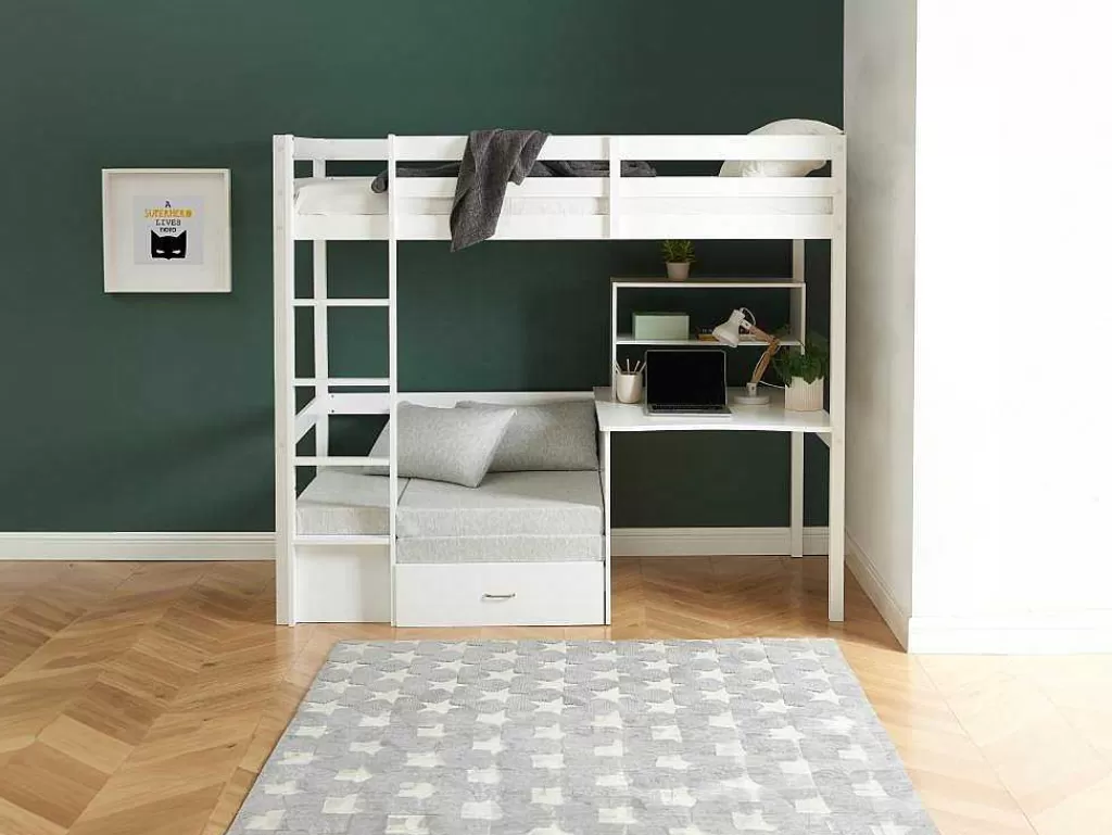 Cama De Criança*Vente-unique Cama Alta Com Secretária, Sofá Convertivel E Espacos De Arrumação De 90 X 200 Cm Em Pinho Macico Cor Esbranquicado - Goliath Iii