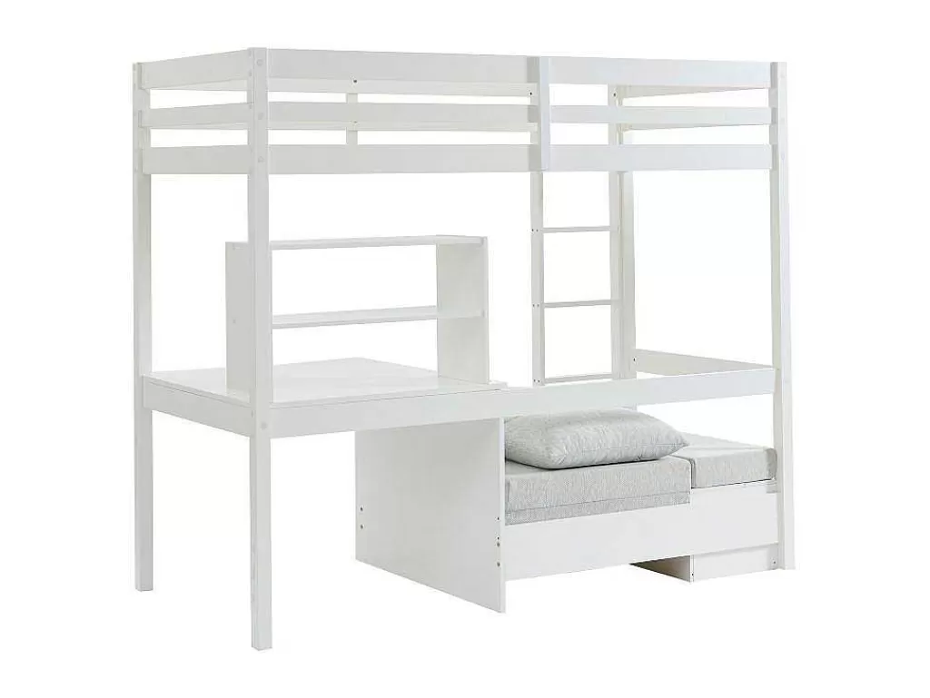 Cama De Criança*Vente-unique Cama Alta Com Secretária, Sofá Convertivel E Espacos De Arrumação De 90 X 200 Cm Em Pinho Macico Cor Esbranquicado - Goliath Iii