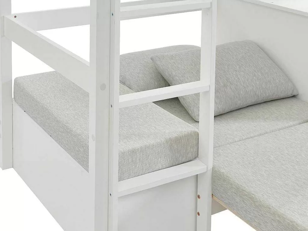 Cama De Criança*Vente-unique Cama Alta Com Secretária, Sofá Convertivel E Espacos De Arrumação De 90 X 200 Cm Em Pinho Macico Cor Esbranquicado - Goliath Iii