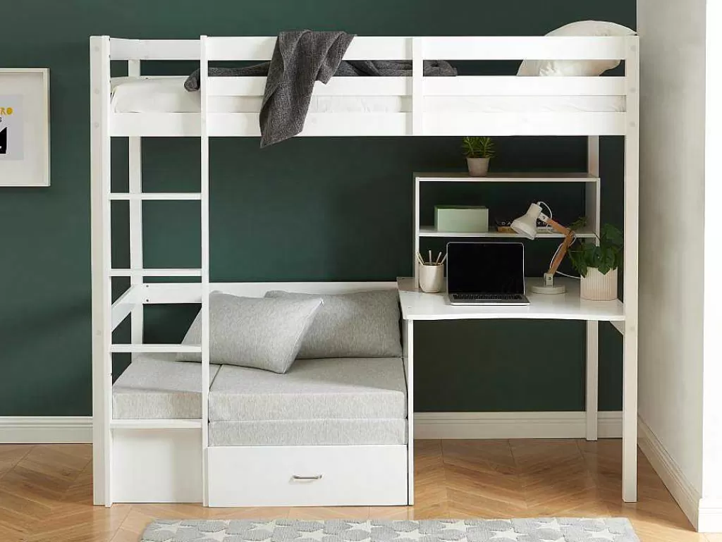 Cama De Criança*Vente-unique Cama Alta Com Secretária, Sofá Convertivel E Espacos De Arrumação De 90 X 200 Cm Em Pinho Macico Cor Esbranquicado - Goliath Iii
