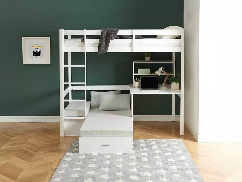 Cama De Criança*Vente-unique Cama Alta Com Secretária, Sofá Convertivel E Espacos De Arrumação De 90 X 200 Cm Em Pinho Macico Cor Esbranquicado - Goliath Iii