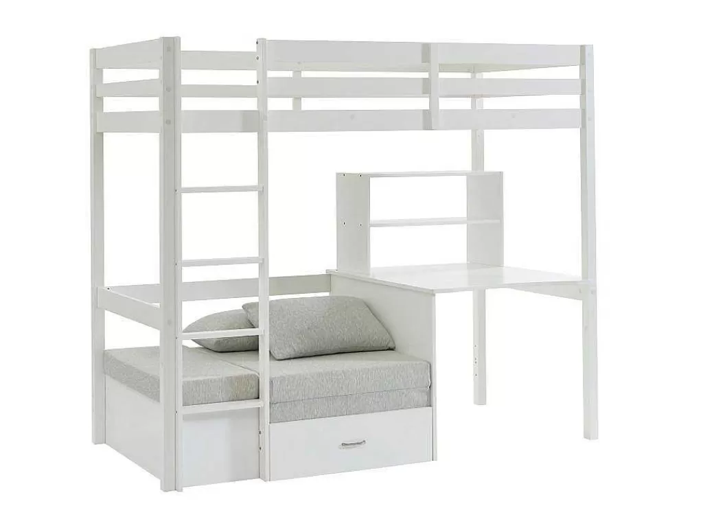 Cama De Criança*Vente-unique Cama Alta Com Secretária, Sofá Convertivel E Espacos De Arrumação De 90 X 200 Cm Em Pinho Macico Cor Esbranquicado - Goliath Iii
