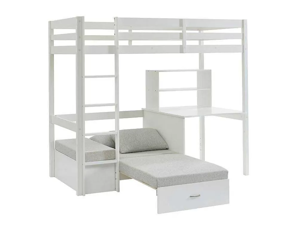 Cama De Criança*Vente-unique Cama Alta Com Secretária, Sofá Convertivel E Espacos De Arrumação De 90 X 200 Cm Em Pinho Macico Cor Esbranquicado - Goliath Iii