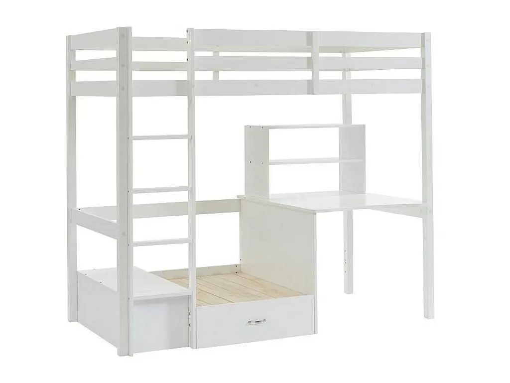 Cama De Criança*Vente-unique Cama Alta Com Secretária, Sofá Convertivel E Espacos De Arrumação De 90 X 200 Cm Em Pinho Macico Cor Esbranquicado - Goliath Iii