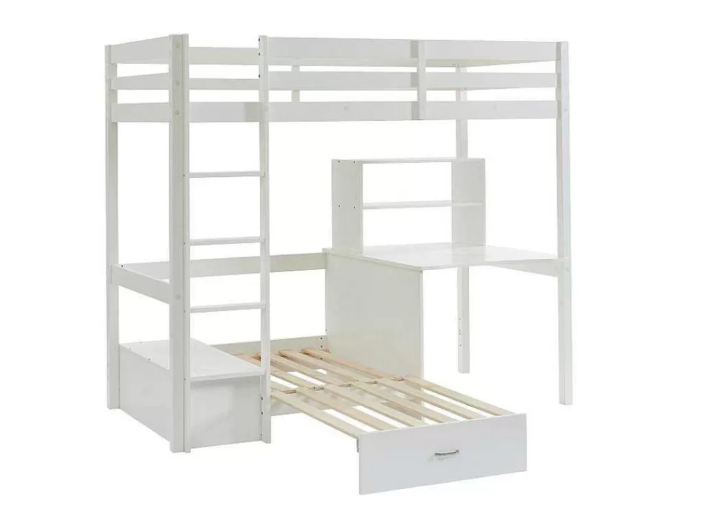 Cama De Criança*Vente-unique Cama Alta Com Secretária, Sofá Convertivel E Espacos De Arrumação De 90 X 200 Cm Em Pinho Macico Cor Esbranquicado - Goliath Iii